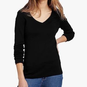 🪴 Eddie Bauer Basic Black Vneck Longsleeve Sweater Shirt Top 2XL